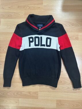 Polo by Ralph Lauren Black, Red & White Shawl Collar Knit Sweater
